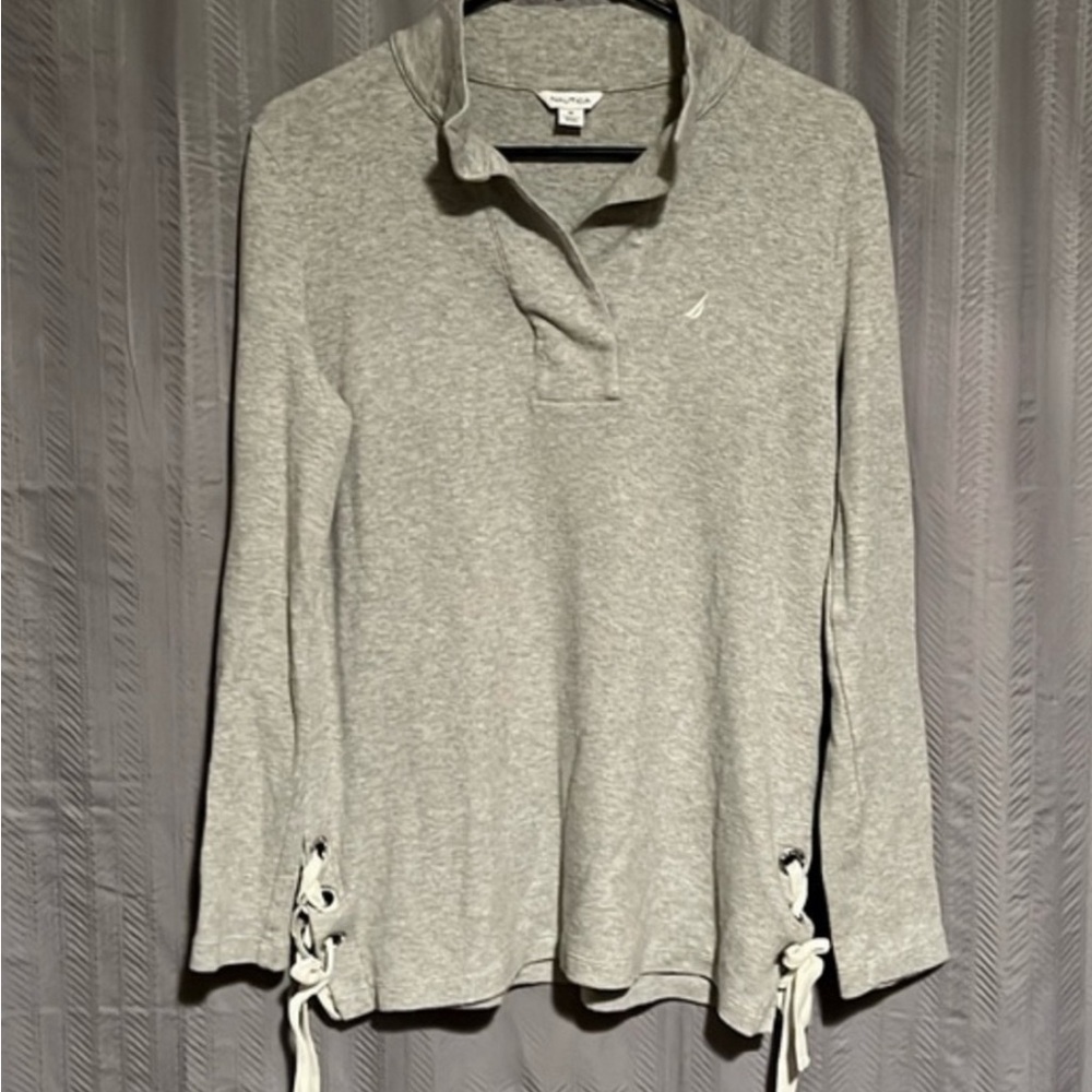 Nautica Gray Ribbed Polo Sweatshirt with Tie Front